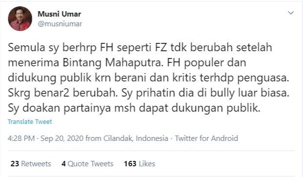 Tangkapan Layar Cuitan Musni Umar (Twitter/@musniumar).