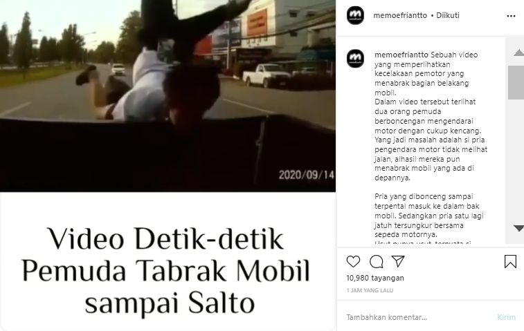 Tangkapan Layar Video Viral Pemotor Tabrak Mobil Sampai Salto (Instagram/@memoefriantto).