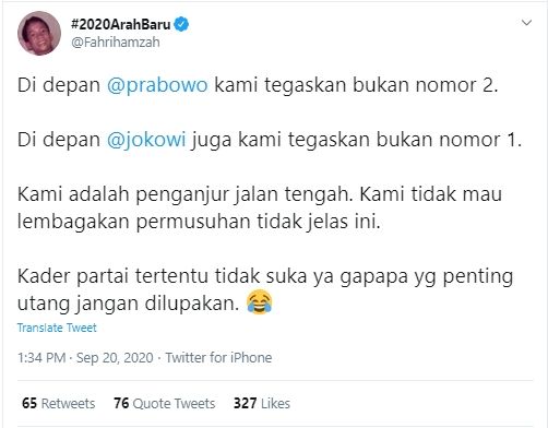 Tangkapan Layar Cuitan Fahri Hamzah (Twitter/@fahrihamzah).