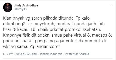 Komentar Jimly Asshiddiqie soal penundaan Pilkada (Twitter/jimlyas)