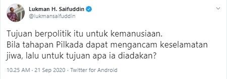 Lukman Hakim Saifuddin minta Pilkada ditunda (Twitter/lukmansaifuddin)