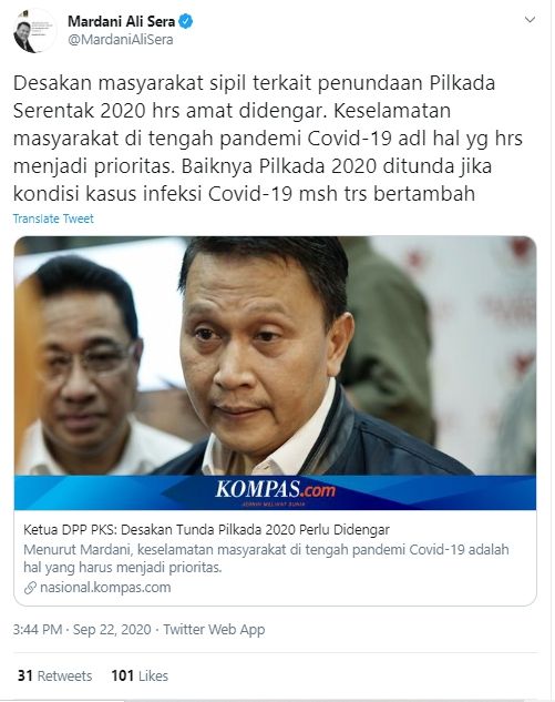 Cuitan Mardani Ali Sera Soal Pilkada Serentak 2020 (Twitter/@mardanialisera)