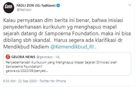 Fadli Zon desak Nadiem Makarim klarifikasi keterlibatan Sampoerna Foundation (Twitter/fadlizon)