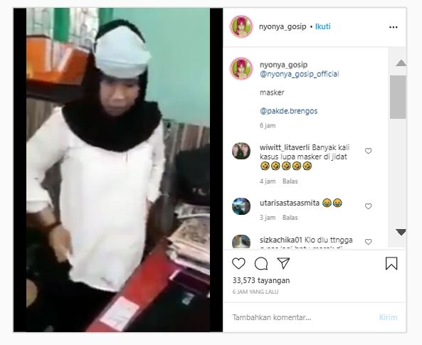 Video Wanita Panik saat Sidak Lupa Taruh Masker di Jidat (Instagram/@nyonya_gosip).