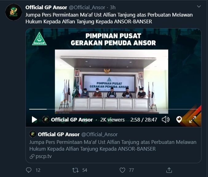 Jumpa Pers Pernyataan Maaf Alfian Tanjung (Twitter/@Official_Ansor).