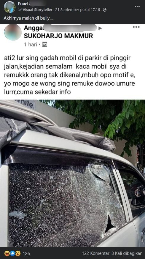 Viral kaca mobil dipecahkan, malah picu cibiran warganet. (Facebook)