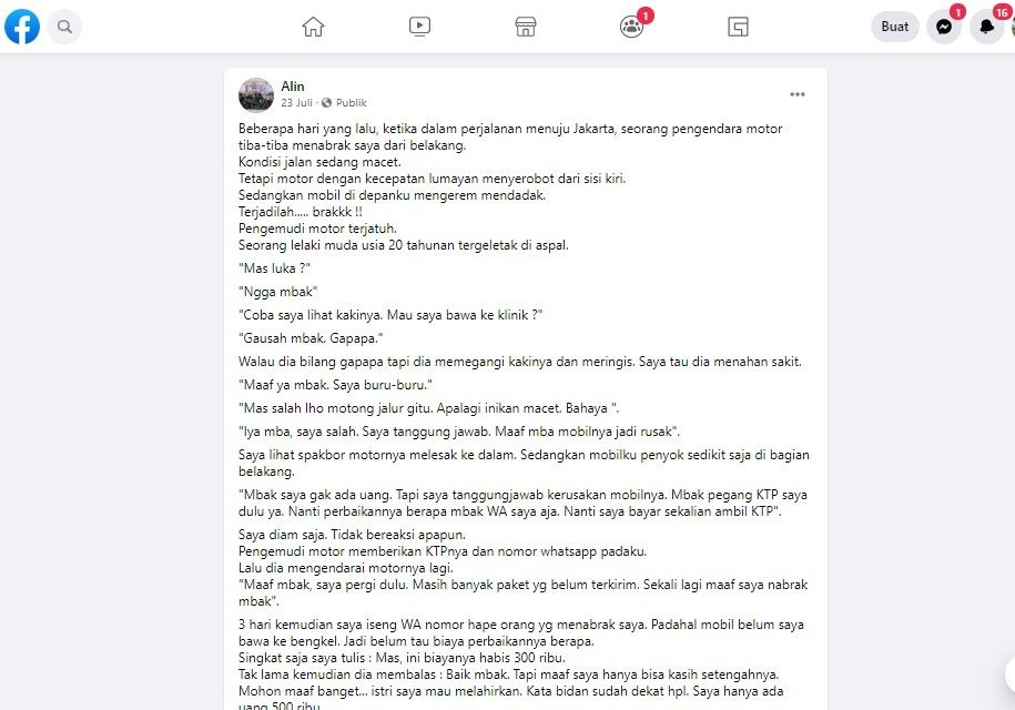 Wanita berikan hadiah untuk penabrak mobilnya (FB/alin)