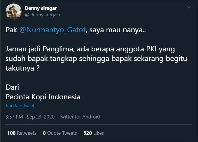 Cuitan Denny Siregar Kepada Gatot Nurmantyo (Twitter/@Dennysiregar).