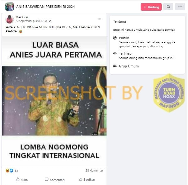 Cek Fakta Anies Baswedan Juara Pertama Lomba Ngomong Internasional (Turnbackhoax.id).