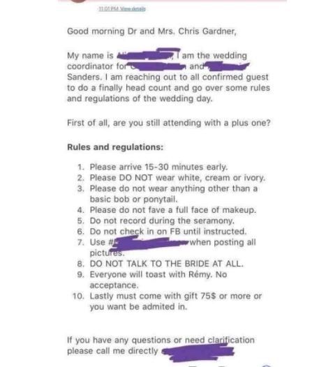 Peraturan Pengantin Wanita (reddit.com/r/weddingshaming)