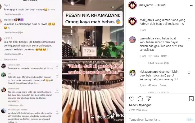 Unggahan soal Nia Ramadhani [Instagram/@mak_lamis]