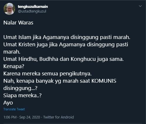 Cuitan Tengku Zulkarnain Soal Komunis (Twitter/@Ustadtengkuzul).