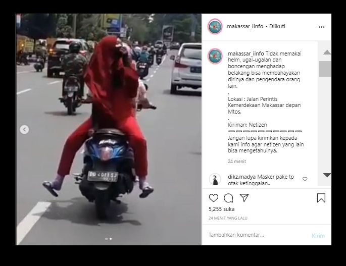 Viral Pemotor Bonceng Hadap Belakang dan Tak Pakai Helm (Instagram/@makassar_iinfo).