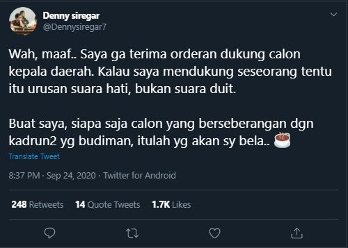 Cuitan Denny Siregar Soal Sikap di Pilkada 2020 (Twitter/@DennySiregar7).