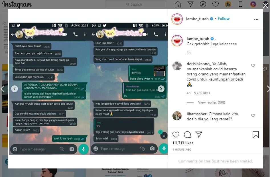 Warganet ini berdoa Covid-19 tak berakhir karena raup untung (IG/lambe_turah)
