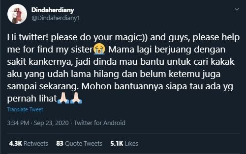 Kisah Wanita Mencari Kakaknya Usai Terpisah 7 Tahun (Twitter/@dindaherdiany1).