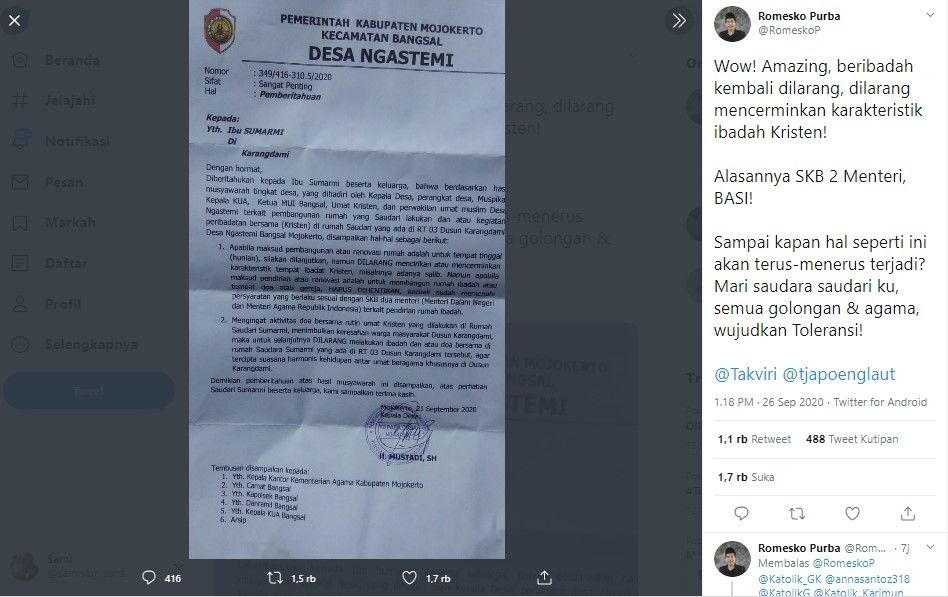 Viral warga Ngastemi Mojokerto dilarang beribadah di rumah (Twitter/romeskop)