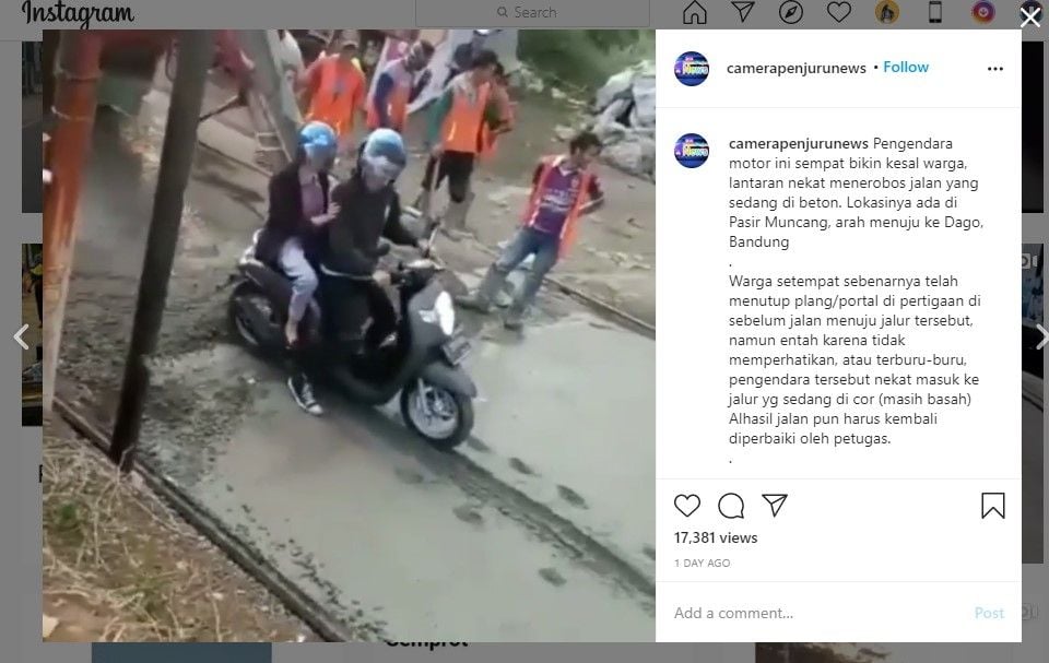 Pemotor terobos jalan yang dicor basah (IG/camerapenjurunews)