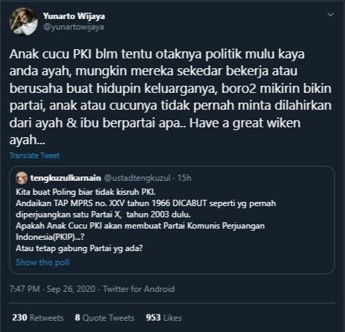 Cuitan Yunarto Wijaya Tanggapi Pernyataan Tengku Zul (Twitter/@Yunartowijaya).