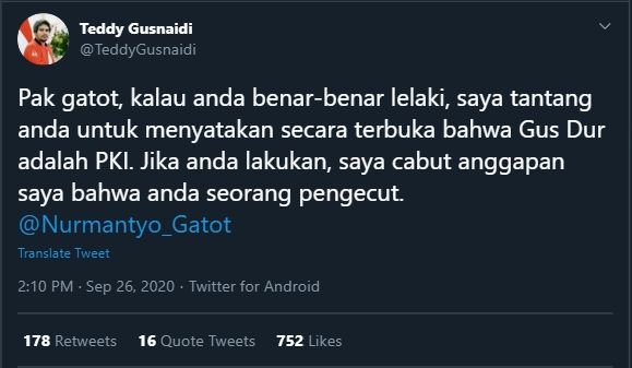 Cuitan Teddy Gusnaidi Tantang Gatot Nurmantyo (Twitter/@TeddyGusnaidi).