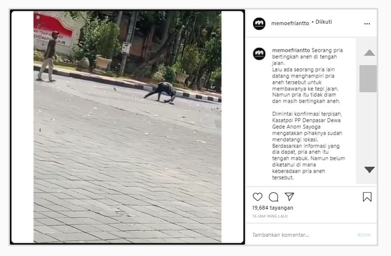 Viral Pria Bertingkah Aneh di Tengah Jalan Raya (Instagram/@memoefriantto).