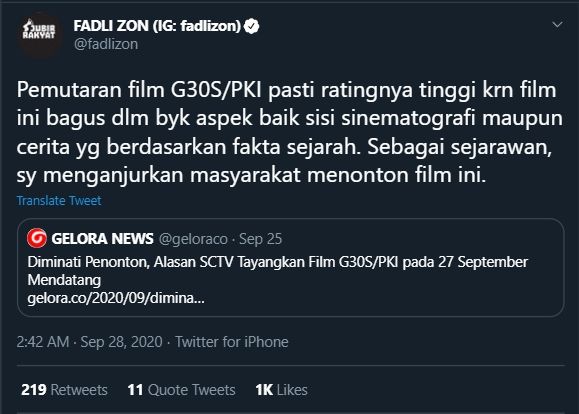 Cuitan Fadli Zon Anjurkan Penayangan Film G30S/PKI (Twitter/@Fadlizon).