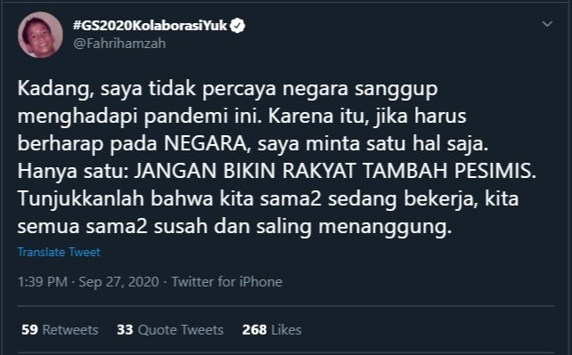 Cuitan Fahri Hamzah Soal Penanganan Covid-19 (Twitter/@FahriHamzah).