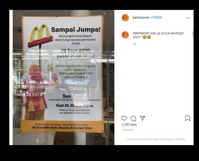 Penuh Kenangan, Warganet Sedih McDonalds Kuta Diberitakan Tutup Permanen. (Instagram/@balichannel)