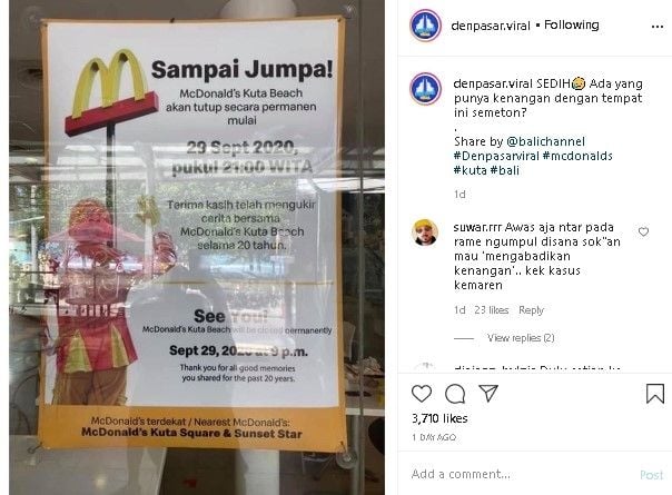 Mcdonald's Kuta Beach tutup permanen. (Instagram/@denpasar.viral)