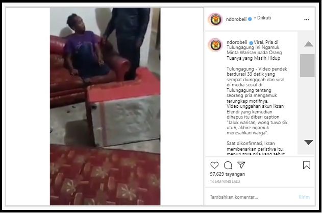 Viral Pria Mengamuk Minta Warisan Orang Tua yang Masih Hidup (Instagram/@ndorobeii).