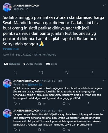 Cuitan Jansen JSP Soal Tes Swab (Twitter/@jansen_jsp).