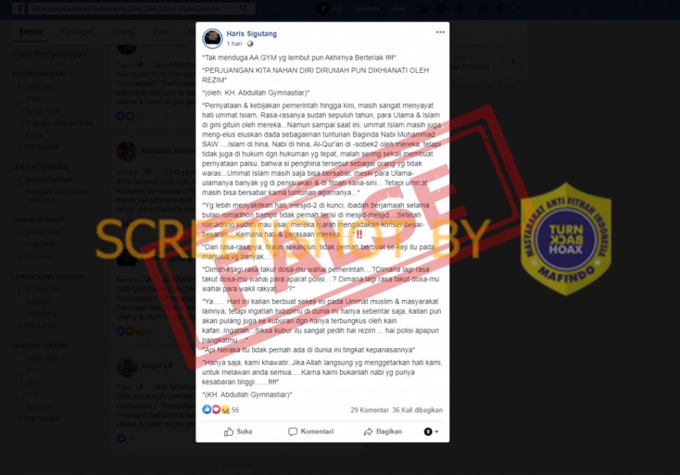 Fakta Aa Gym sebut rakyat dikhianati rezim (Turnbackhoax.id)