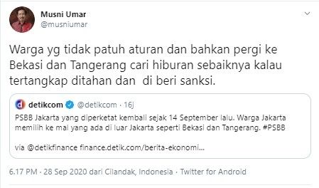 Musni Umar usul warga bandel selama PSBB Jakarta ditahan (Twitter.musniumar)