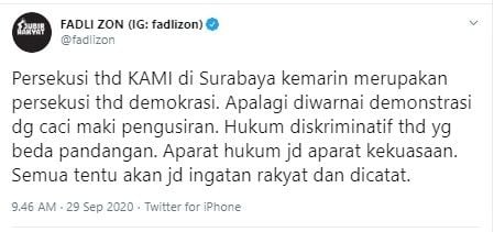 Fadli Zon komentari polisi bubarkan acara KAMI di Surabaya (Twitter/fadlizon)