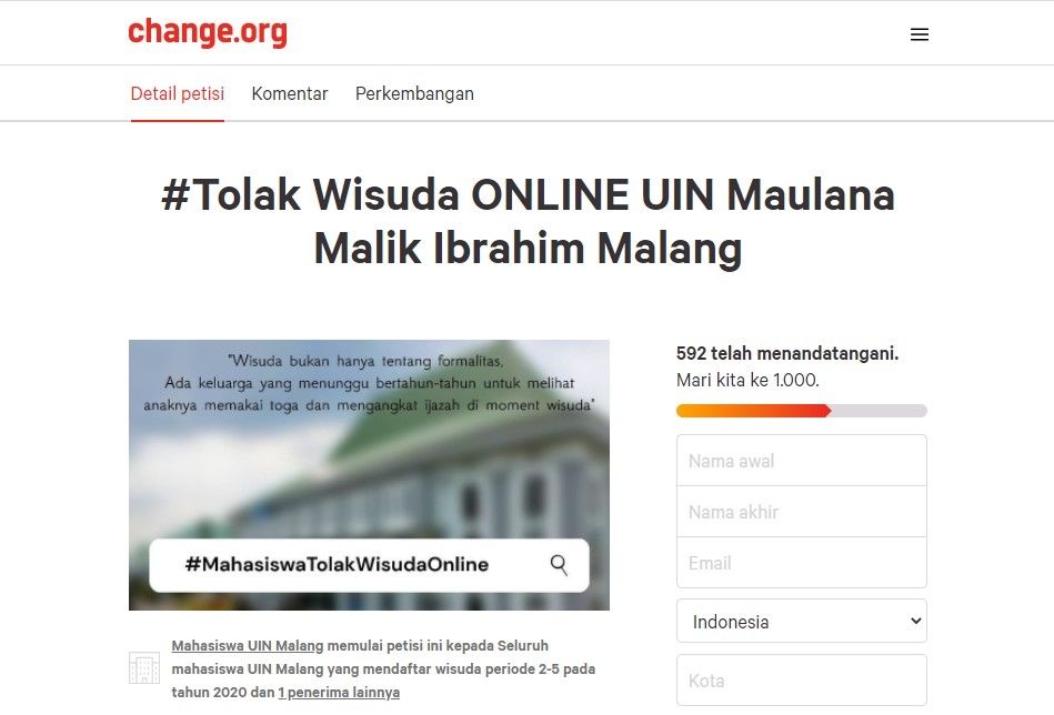 UIN Malang tolak wisuda online (Change.org)