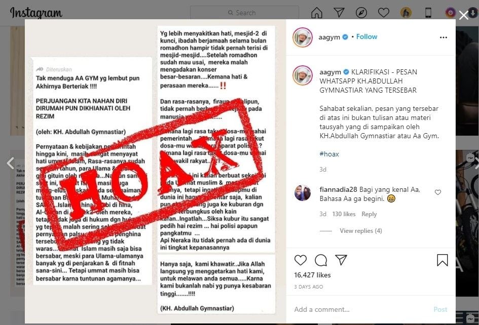 Klarifikasi Aa Gym soal tulisan dikhianati rezim (IG/aagym)