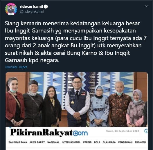 Ridwan Klarifikasi Soal Jual Beli Dokumen Resmi Soekarno (Twitter/@ridwankamil)