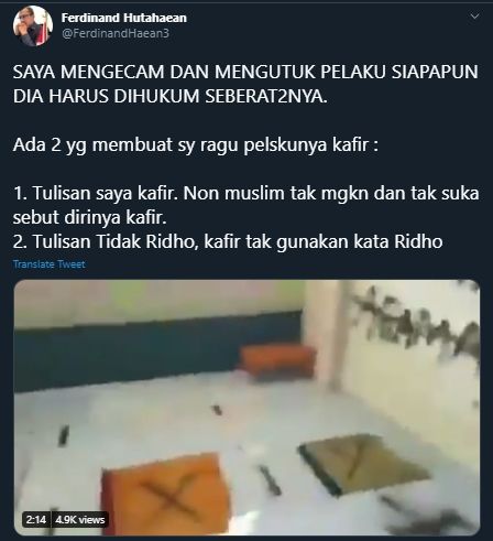 Cuitan Ferdinand Hutahaean Kecam Pelaku Perusakan Musala di Tangerang (Twitter/@ferdinandhaean3).