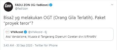 Komentar Fadli Zon soal vandalisme di musala (Twitter/fadlizon)