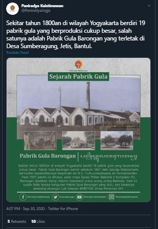 Sejarah Pabrik Gula Barongan di Yogyakarta. (Twitter/@PaniradyaJogja)