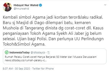 HNW soroti kasus vandalisme di Musala Darussalam, Tangerang (Twitter/hnurwahid)