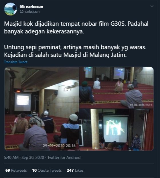 Viral Nobar Film G30S/PKI di Masjid (Twitter/@narkosun).