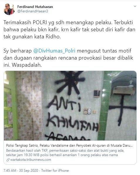 Ferdinand PD minta polisi usut dugaan provokasi kasus vandalisme musala (Twitter/ferdinandhaean3)