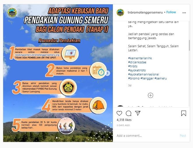 Aturan baru pendakian Gunung Semeru (Instagram @tnbromotenggersemeru)