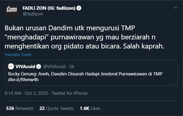 Cuitan Fadli Zon Tidak Sepakat Dandim Hadapi Purnawirawan (Twitter/@fadlizon).