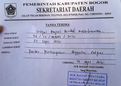 Tanda terima surat protes dari Satgas Majelis Burdah Miftahussalamah yang ditujukan kepada Bupati Bogor Ade Yasin, Rabu (30/9/2020). [Ist]