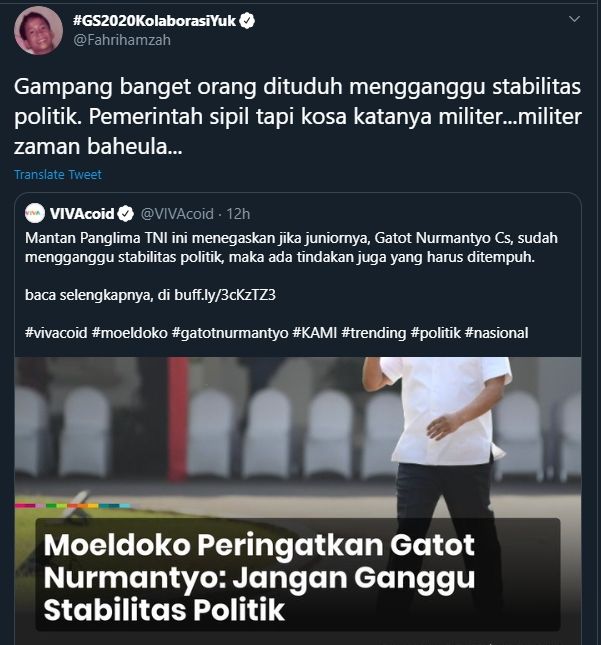 Cuitan Fahri Hamzah Respons Pernyataan Moeldoko (Twitter/@Fahrihamzah).