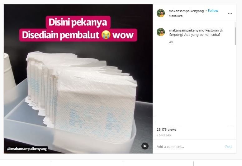 Restoran Monokuro menyediakan pembalut (Instagram @makansampaikenyang)