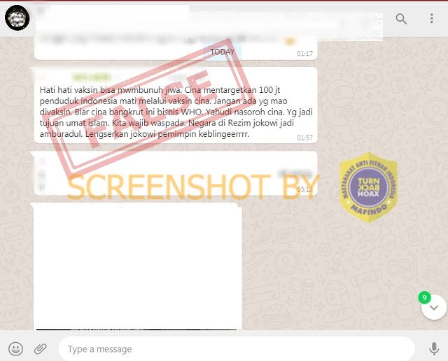 Cek Fakta Cina Target 100 Juta Penduduk Indonesia Mati Lewat Vaksinnya (Turnbackhoax.id).