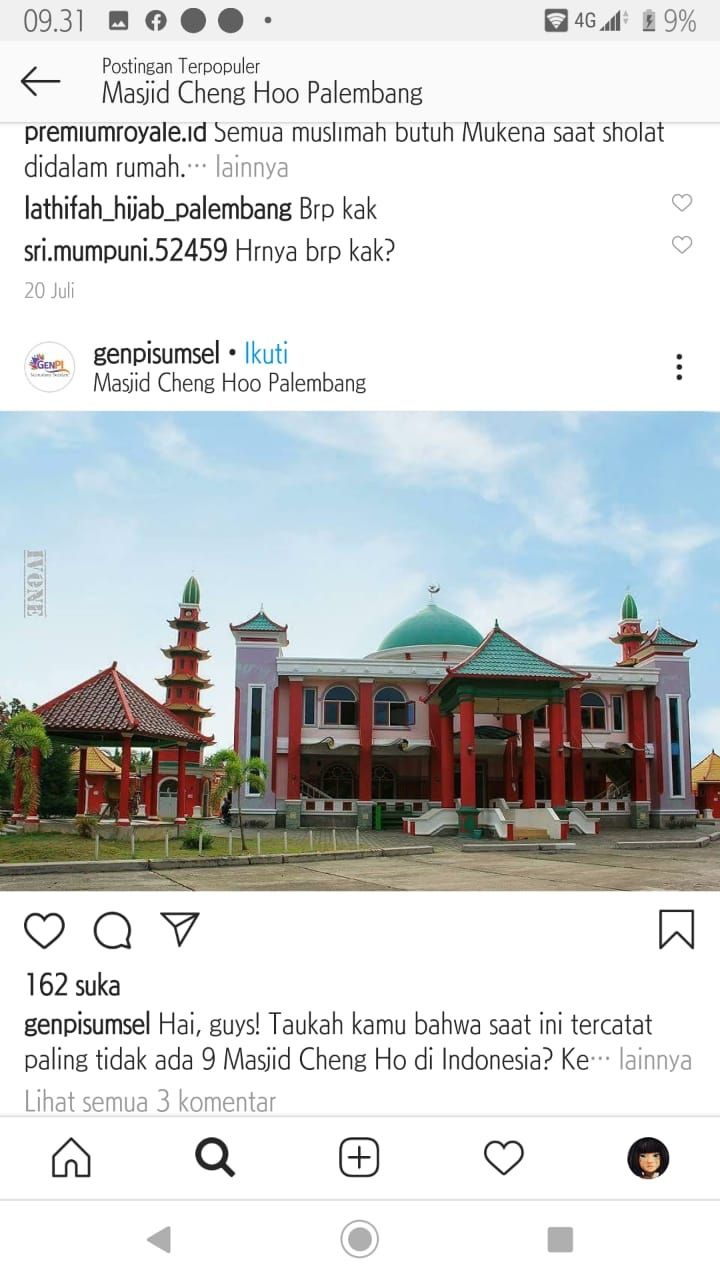 Masjid Cheng Hoo di Palembang (Instagram Genpi Sumsel)